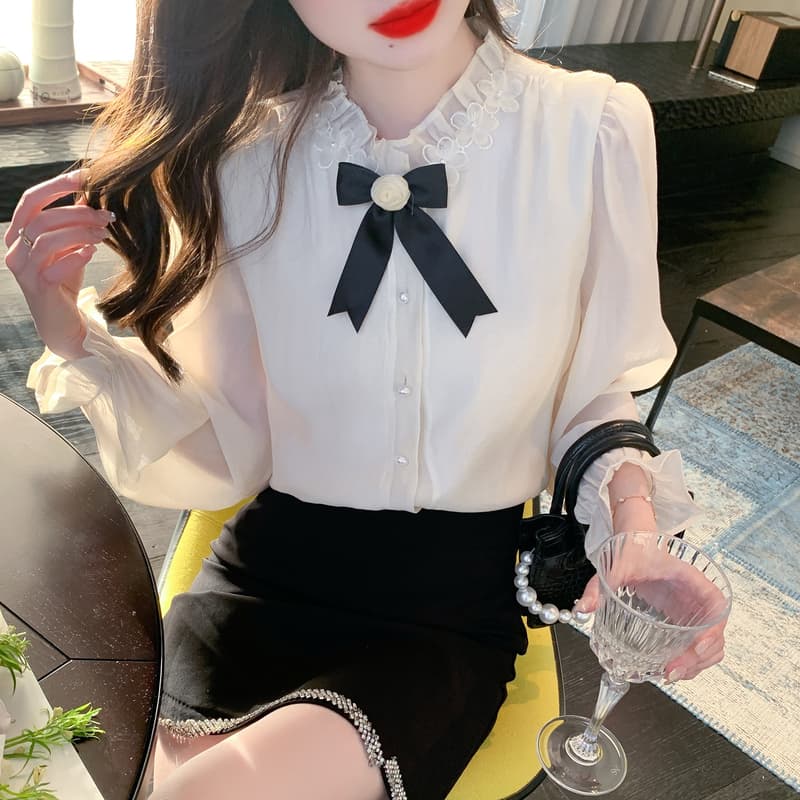 실사 가을 2026 년 새로운 요정 가스 레이스 여성 셔츠 인사이드 가져 가라. 3 차원 꽃 프릴 몸매 가꾸기 긴팔 맨위 이미지 3