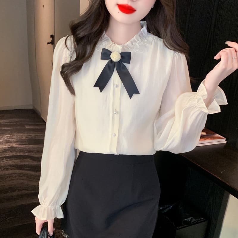 실사 가을 2026 년 새로운 요정 가스 레이스 여성 셔츠 인사이드 가져 가라. 3 차원 꽃 프릴 몸매 가꾸기 긴팔 맨위 이미지 4