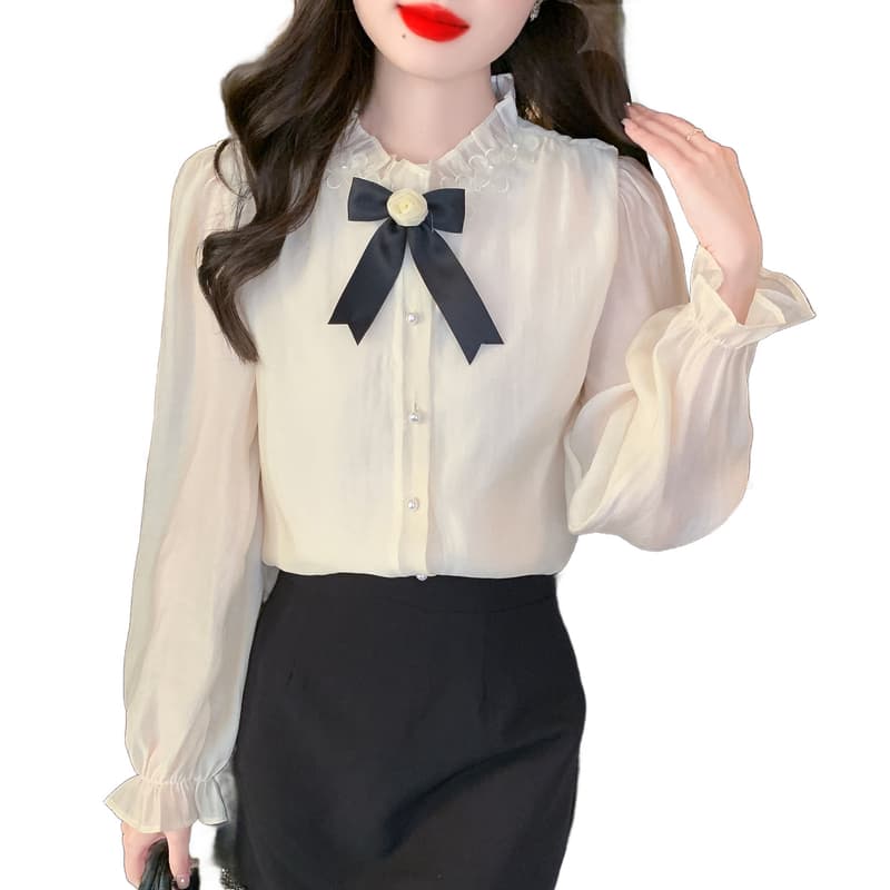 실사 가을 2026 년 새로운 요정 가스 레이스 여성 셔츠 인사이드 가져 가라. 3 차원 꽃 프릴 몸매 가꾸기 긴팔 맨위 이미지 5