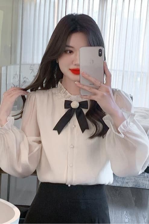 실사 가을 2026 년 새로운 요정 가스 레이스 여성 셔츠 인사이드 가져 가라. 3 차원 꽃 프릴 몸매 가꾸기 긴팔 맨위 이미지 6
