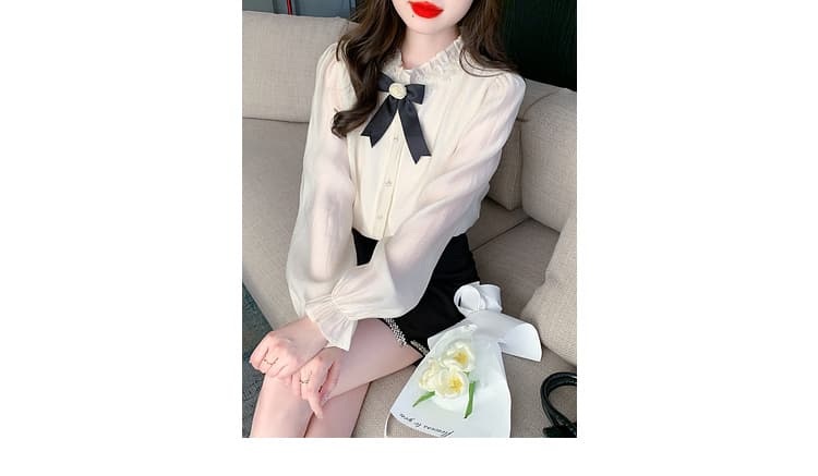실사 가을 2026 년 새로운 요정 가스 레이스 여성 셔츠 인사이드 가져 가라. 3 차원 꽃 프릴 몸매 가꾸기 긴팔 맨위 상세 이미지 4