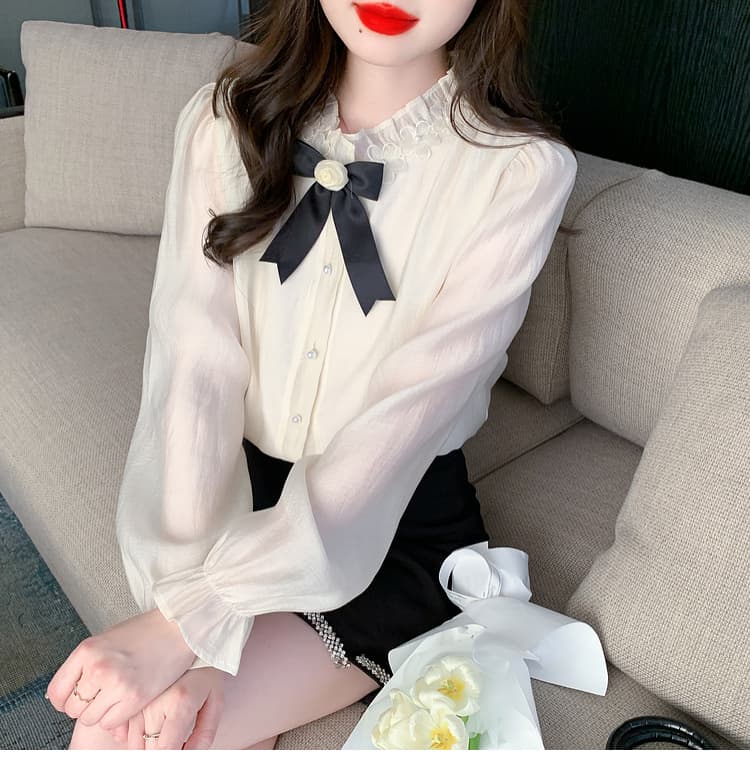실사 가을 2026 년 새로운 요정 가스 레이스 여성 셔츠 인사이드 가져 가라. 3 차원 꽃 프릴 몸매 가꾸기 긴팔 맨위 상세 이미지 13