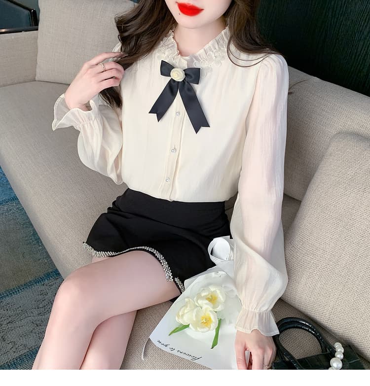 실사 가을 2026 년 새로운 요정 가스 레이스 여성 셔츠 인사이드 가져 가라. 3 차원 꽃 프릴 몸매 가꾸기 긴팔 맨위 상세 이미지 14