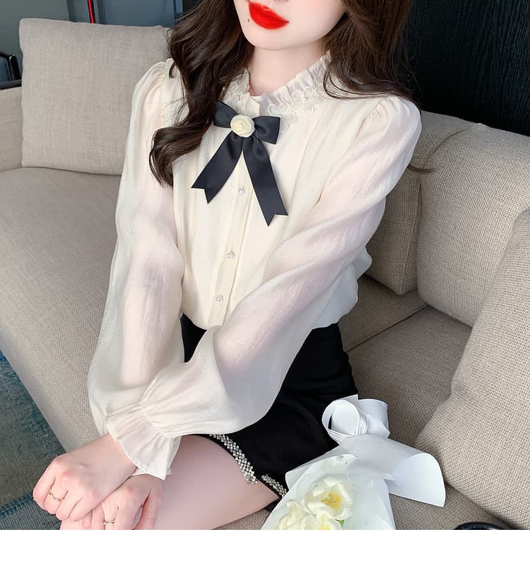 실사 가을 2026 년 새로운 요정 가스 레이스 여성 셔츠 인사이드 가져 가라. 3 차원 꽃 프릴 몸매 가꾸기 긴팔 맨위 상세 이미지 15