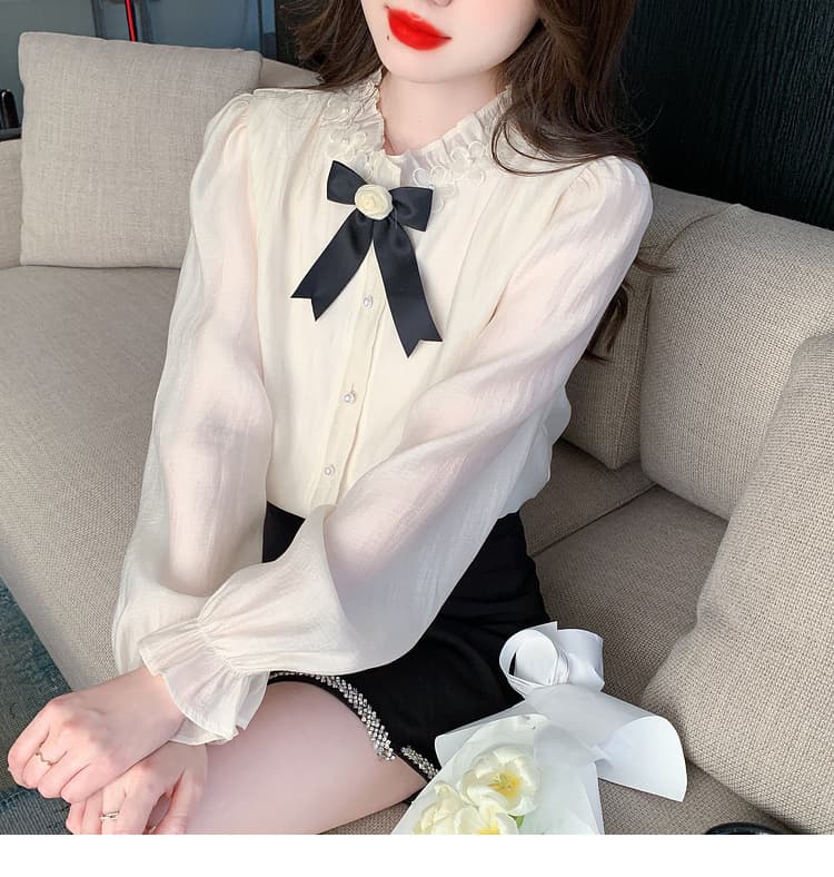 실사 가을 2026 년 새로운 요정 가스 레이스 여성 셔츠 인사이드 가져 가라. 3 차원 꽃 프릴 몸매 가꾸기 긴팔 맨위 상세 이미지 16