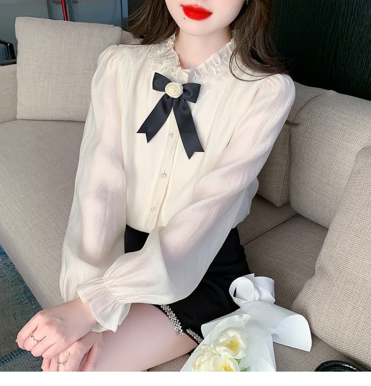 실사 가을 2026 년 새로운 요정 가스 레이스 여성 셔츠 인사이드 가져 가라. 3 차원 꽃 프릴 몸매 가꾸기 긴팔 맨위 상세 이미지 17