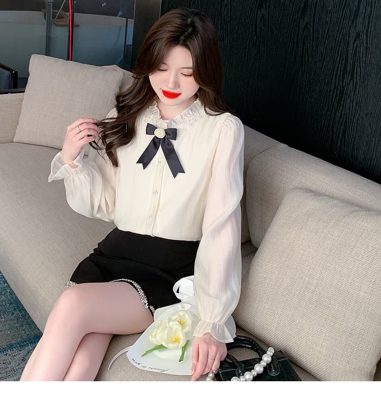 실사 가을 2026 년 새로운 요정 가스 레이스 여성 셔츠 인사이드 가져 가라. 3 차원 꽃 프릴 몸매 가꾸기 긴팔 맨위 상세 이미지 18
