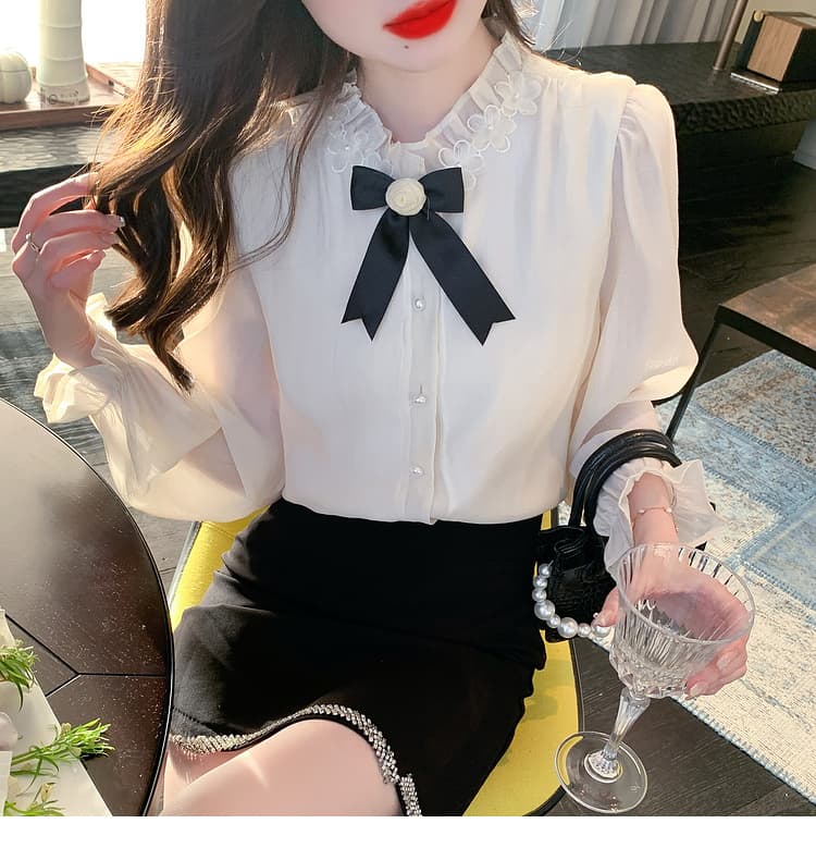 실사 가을 2026 년 새로운 요정 가스 레이스 여성 셔츠 인사이드 가져 가라. 3 차원 꽃 프릴 몸매 가꾸기 긴팔 맨위 상세 이미지 19