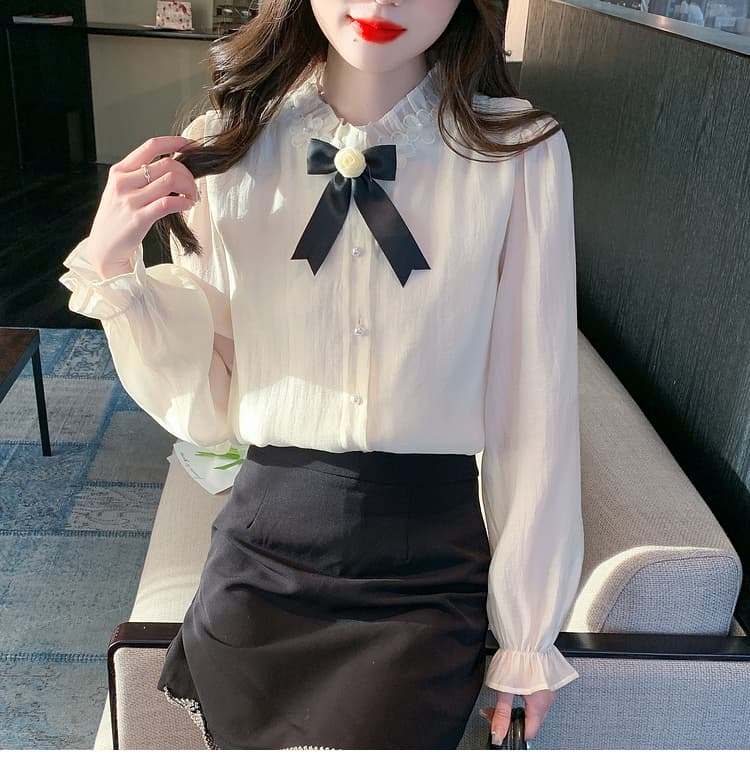 실사 가을 2026 년 새로운 요정 가스 레이스 여성 셔츠 인사이드 가져 가라. 3 차원 꽃 프릴 몸매 가꾸기 긴팔 맨위 상세 이미지 20
