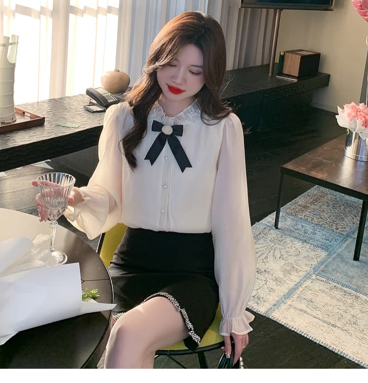 실사 가을 2026 년 새로운 요정 가스 레이스 여성 셔츠 인사이드 가져 가라. 3 차원 꽃 프릴 몸매 가꾸기 긴팔 맨위 상세 이미지 21