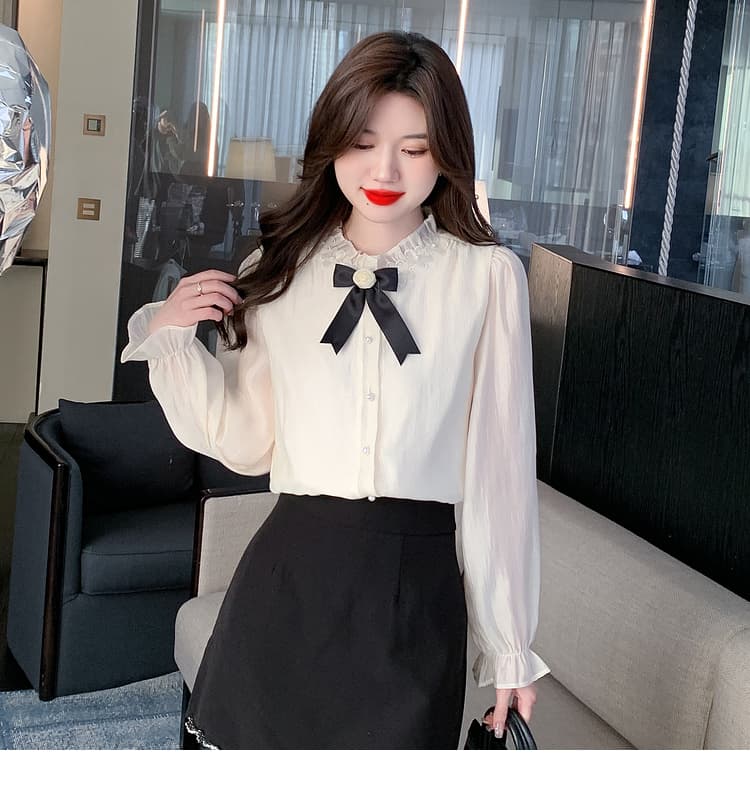 실사 가을 2026 년 새로운 요정 가스 레이스 여성 셔츠 인사이드 가져 가라. 3 차원 꽃 프릴 몸매 가꾸기 긴팔 맨위 상세 이미지 22