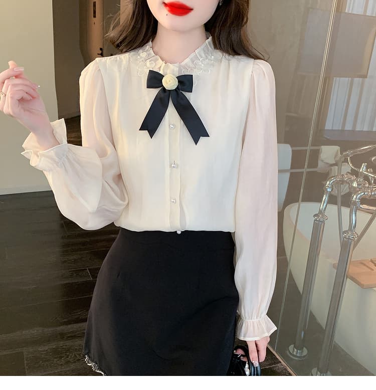 실사 가을 2026 년 새로운 요정 가스 레이스 여성 셔츠 인사이드 가져 가라. 3 차원 꽃 프릴 몸매 가꾸기 긴팔 맨위 상세 이미지 23