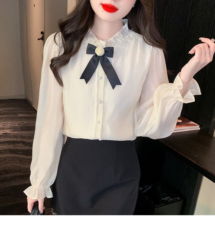 실사 가을 2026 년 새로운 요정 가스 레이스 여성 셔츠 인사이드 가져 가라. 3 차원 꽃 프릴 몸매 가꾸기 긴팔 맨위 상세 이미지 24