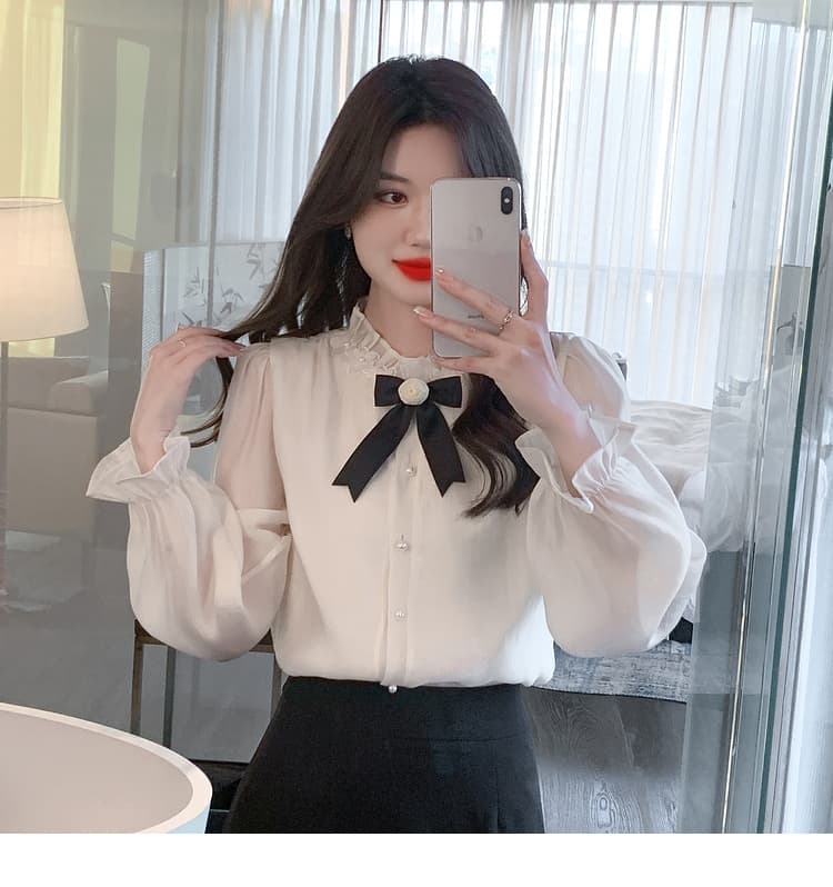 실사 가을 2026 년 새로운 요정 가스 레이스 여성 셔츠 인사이드 가져 가라. 3 차원 꽃 프릴 몸매 가꾸기 긴팔 맨위 상세 이미지 26