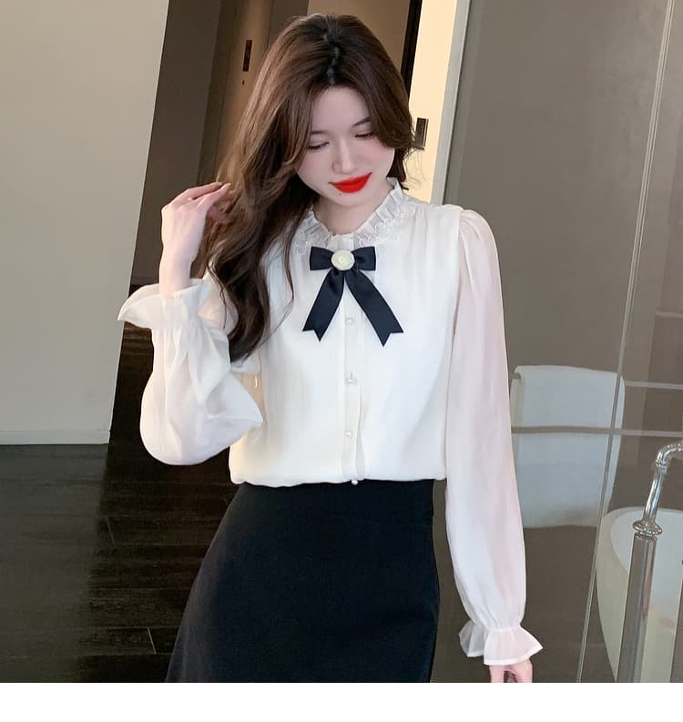 실사 가을 2026 년 새로운 요정 가스 레이스 여성 셔츠 인사이드 가져 가라. 3 차원 꽃 프릴 몸매 가꾸기 긴팔 맨위 상세 이미지 28