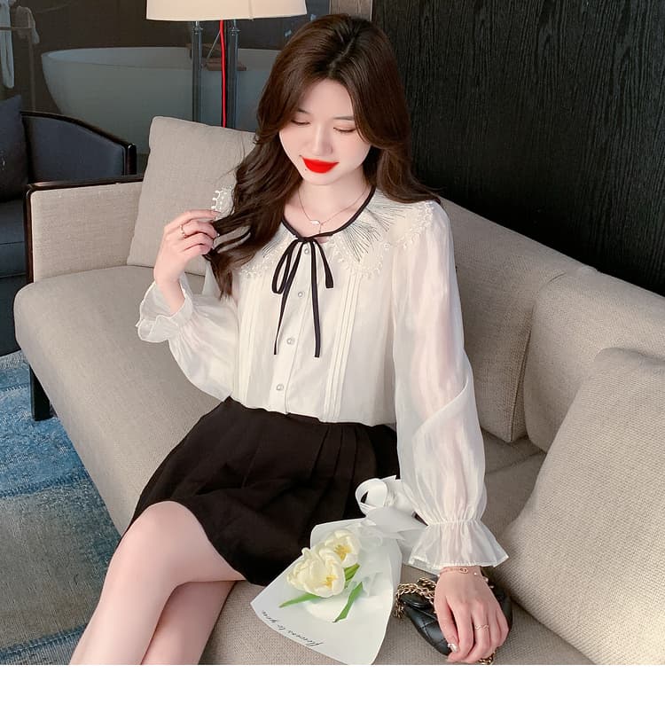 실사 2026 년 새로운 가을 한국 스타일 쉬폰 여성 셔츠 달콤함 단색 긴팔 맨위 기본 셔츠 작은 청신 상세 이미지 15