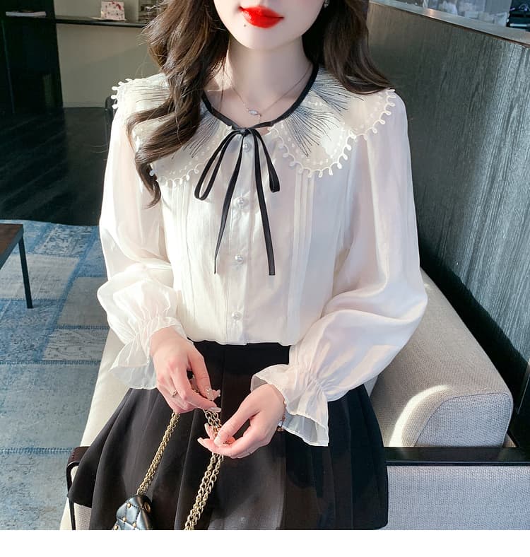실사 2026 년 새로운 가을 한국 스타일 쉬폰 여성 셔츠 달콤함 단색 긴팔 맨위 기본 셔츠 작은 청신 상세 이미지 16
