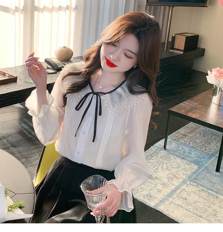 실사 2026 년 새로운 가을 한국 스타일 쉬폰 여성 셔츠 달콤함 단색 긴팔 맨위 기본 셔츠 작은 청신 상세 이미지 19
