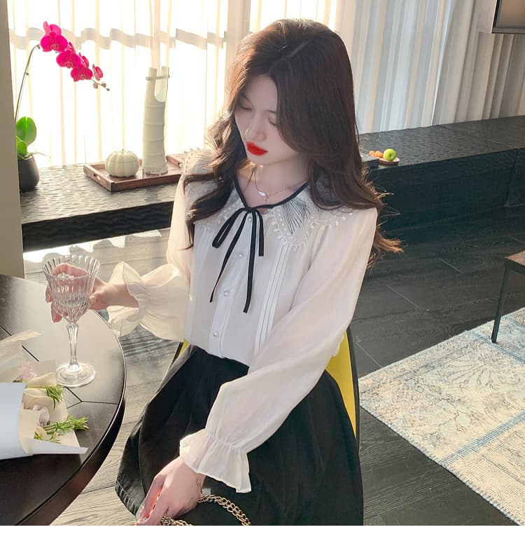 실사 2026 년 새로운 가을 한국 스타일 쉬폰 여성 셔츠 달콤함 단색 긴팔 맨위 기본 셔츠 작은 청신 상세 이미지 20