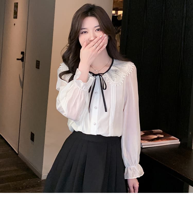실사 2026 년 새로운 가을 한국 스타일 쉬폰 여성 셔츠 달콤함 단색 긴팔 맨위 기본 셔츠 작은 청신 상세 이미지 27
