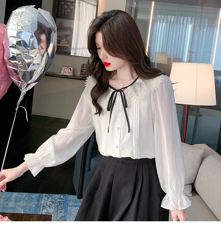 실사 2026 년 새로운 가을 한국 스타일 쉬폰 여성 셔츠 달콤함 단색 긴팔 맨위 기본 셔츠 작은 청신 상세 이미지 28