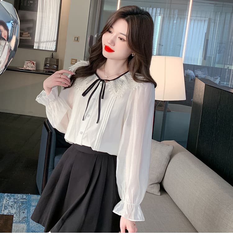 실사 2026 년 새로운 가을 한국 스타일 쉬폰 여성 셔츠 달콤함 단색 긴팔 맨위 기본 셔츠 작은 청신 상세 이미지 29