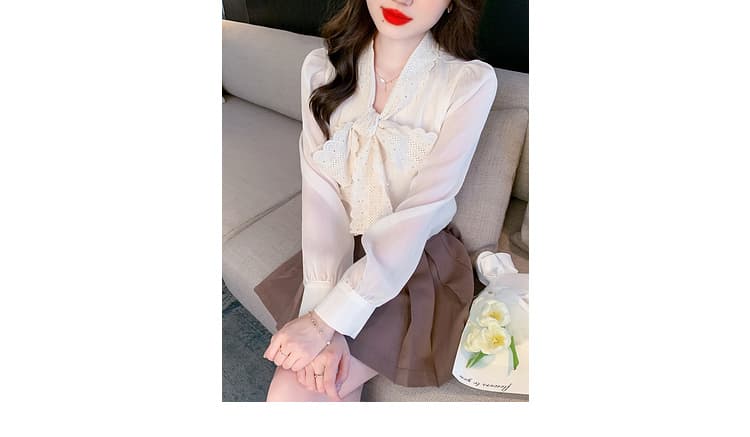 실사 가을 쉬폰 여성 셔츠 2026 년 새로운 달콤함 단색 긴팔 맨위 나비 매듭 기본 셔츠 상세 이미지 4