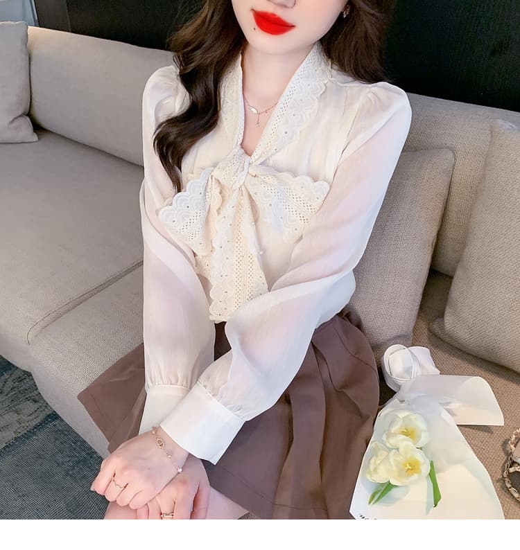 실사 가을 쉬폰 여성 셔츠 2026 년 새로운 달콤함 단색 긴팔 맨위 나비 매듭 기본 셔츠 상세 이미지 15