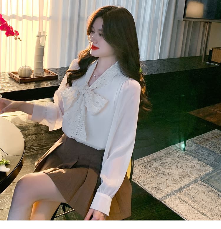 실사 가을 쉬폰 여성 셔츠 2026 년 새로운 달콤함 단색 긴팔 맨위 나비 매듭 기본 셔츠 상세 이미지 20