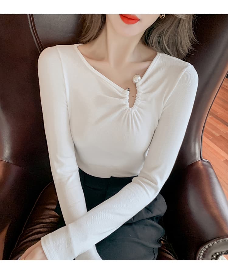 실사 티셔츠 여성 가을 2026 년 새로운 V넥 인터넷 유명인 인사이드 가져 가라. 불규칙 타이트 기본 셔츠 맨위 상세 이미지 7