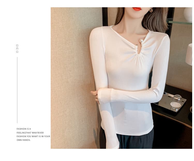 실사 티셔츠 여성 가을 2026 년 새로운 V넥 인터넷 유명인 인사이드 가져 가라. 불규칙 타이트 기본 셔츠 맨위 상세 이미지 20