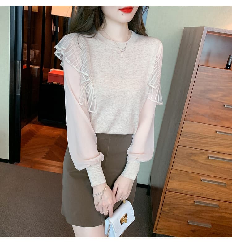 실사 2026 가을 새로운 한국 스타일 패치워크 쉬폰 소매 특색있는 섹션 몸매 가꾸기 기본 셔츠 니트 스웨터 상세 이미지 17