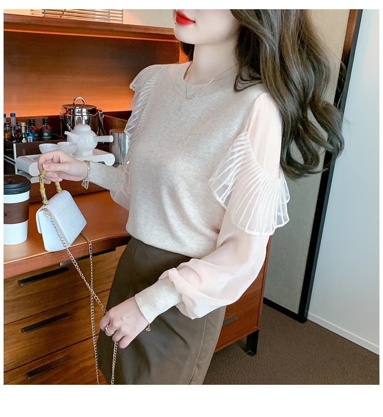 실사 2026 가을 새로운 한국 스타일 패치워크 쉬폰 소매 특색있는 섹션 몸매 가꾸기 기본 셔츠 니트 스웨터 상세 이미지 20