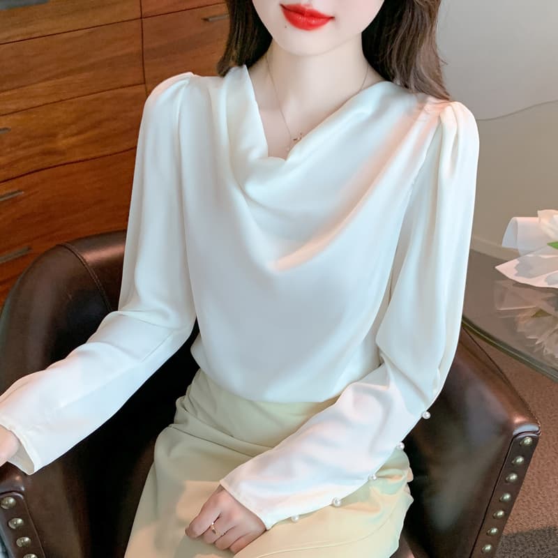 실사 2026 가을 쉬폰 여성 셔츠 가을 겨울철 새틴 새로운 프랑스식 고급 센스 미니멀리즘 맨위 여성 이미지 4