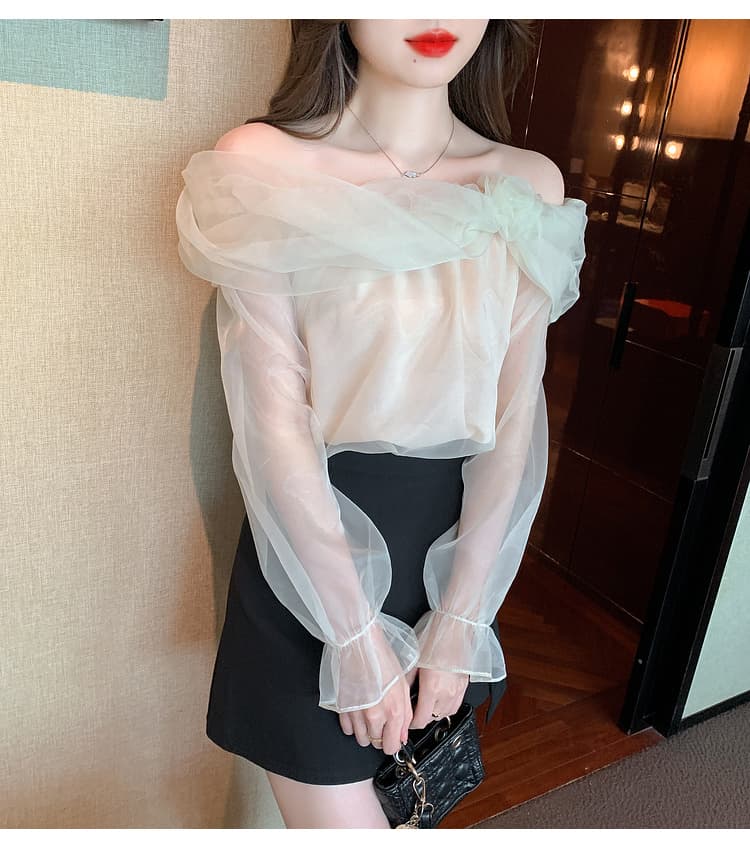 실사 2026 프랑스식 오프숄더 맨위 슈퍼 요정 쇄골 여성 달콤함 슈퍼 요정 Chic 고급 센스 쉬폰 톱 여성 상세 이미지 26