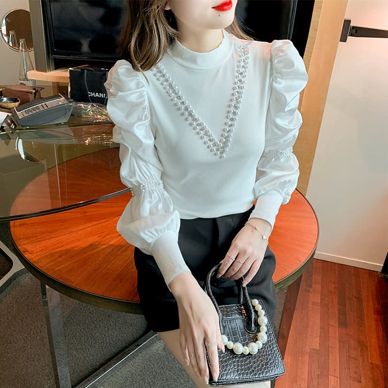실사 2026 가을 무거운 작업 비즈 박기 패치워크 쉬폰 블라우스 거품 소매 몸매 가꾸기 긴팔 맨위 이미지 2