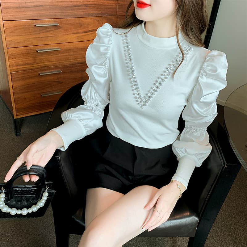 실사 2026 가을 무거운 작업 비즈 박기 패치워크 쉬폰 블라우스 거품 소매 몸매 가꾸기 긴팔 맨위 이미지 4