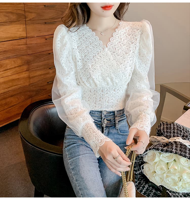 실사 2026 가을 V넥 허리 수축 망사 거품 소매 품격 레이스 셔츠 슬림해 보이는 부드러운 숙녀 맨위 상세 이미지 17