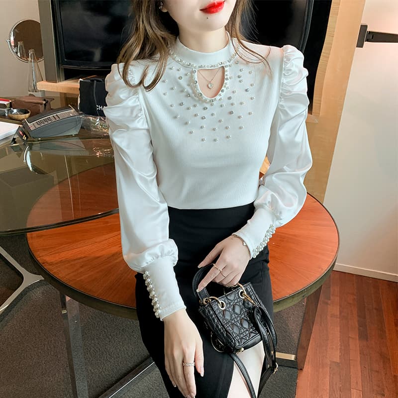 실사 2026 가을 홀로우 아웃 작은 심장 기계 무거운 작업 비즈 박기 패치워크 쉬폰 블라우스 몸매 가꾸기 긴팔 맨위 이미지 2