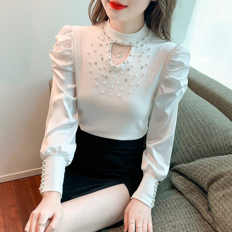 실사 2026 가을 홀로우 아웃 작은 심장 기계 무거운 작업 비즈 박기 패치워크 쉬폰 블라우스 몸매 가꾸기 긴팔 맨위 이미지 3