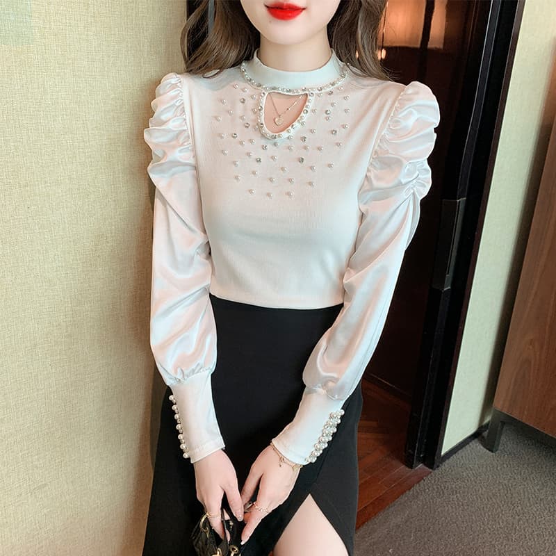 실사 2026 가을 홀로우 아웃 작은 심장 기계 무거운 작업 비즈 박기 패치워크 쉬폰 블라우스 몸매 가꾸기 긴팔 맨위 이미지 5