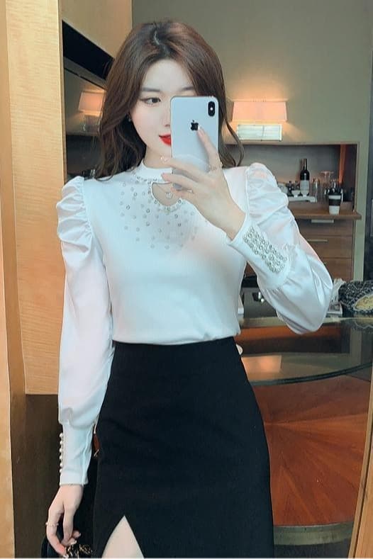 실사 2026 가을 홀로우 아웃 작은 심장 기계 무거운 작업 비즈 박기 패치워크 쉬폰 블라우스 몸매 가꾸기 긴팔 맨위 이미지 6