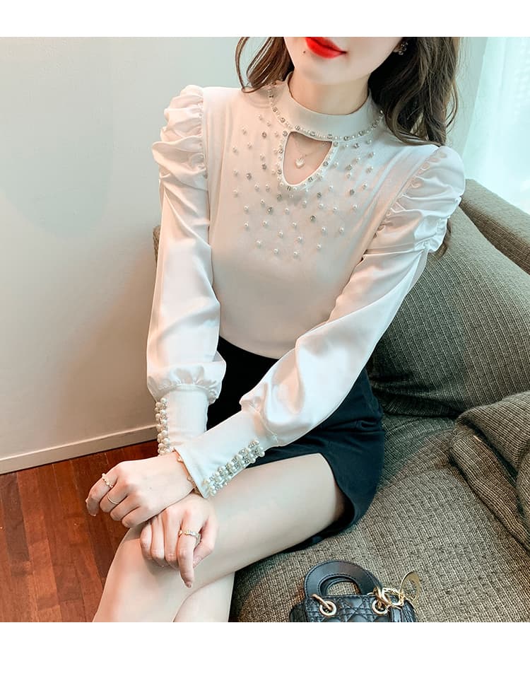 실사 2026 가을 홀로우 아웃 작은 심장 기계 무거운 작업 비즈 박기 패치워크 쉬폰 블라우스 몸매 가꾸기 긴팔 맨위 상세 이미지 6