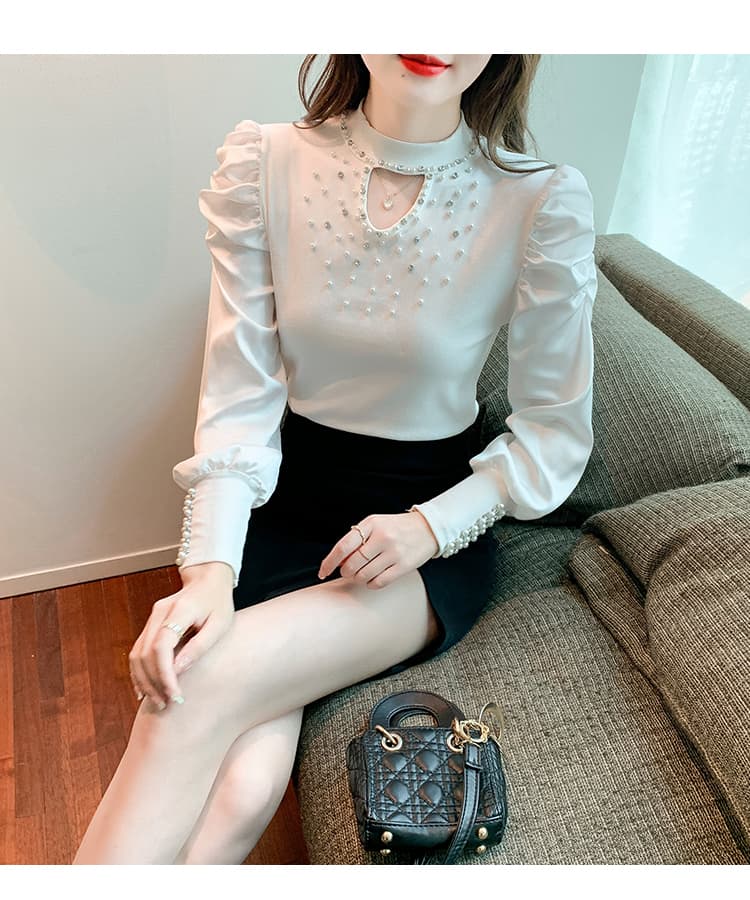 실사 2026 가을 홀로우 아웃 작은 심장 기계 무거운 작업 비즈 박기 패치워크 쉬폰 블라우스 몸매 가꾸기 긴팔 맨위 상세 이미지 7