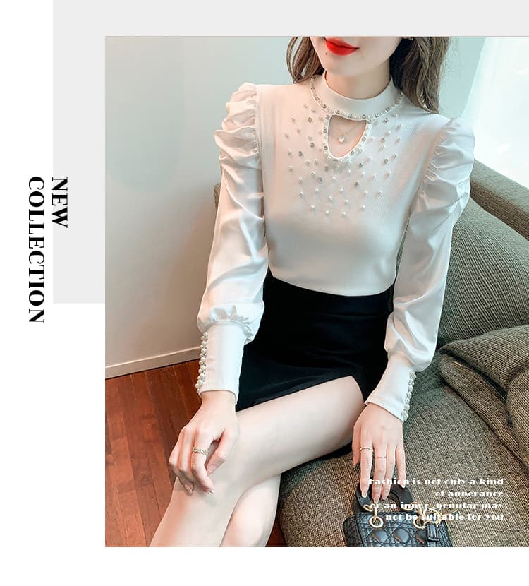 실사 2026 가을 홀로우 아웃 작은 심장 기계 무거운 작업 비즈 박기 패치워크 쉬폰 블라우스 몸매 가꾸기 긴팔 맨위 상세 이미지 8