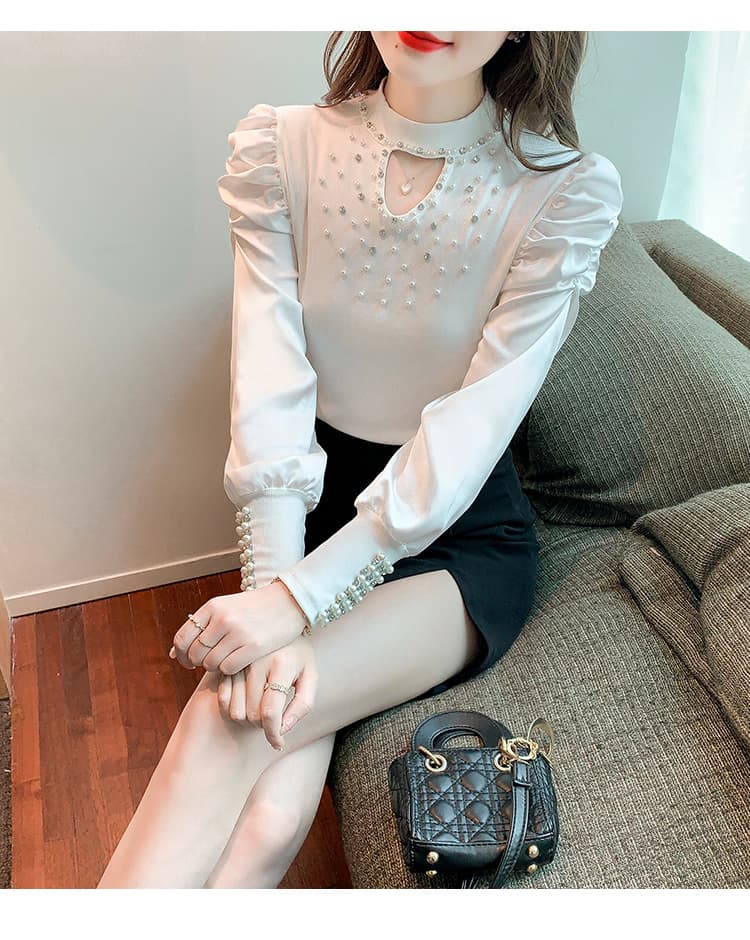 실사 2026 가을 홀로우 아웃 작은 심장 기계 무거운 작업 비즈 박기 패치워크 쉬폰 블라우스 몸매 가꾸기 긴팔 맨위 상세 이미지 10