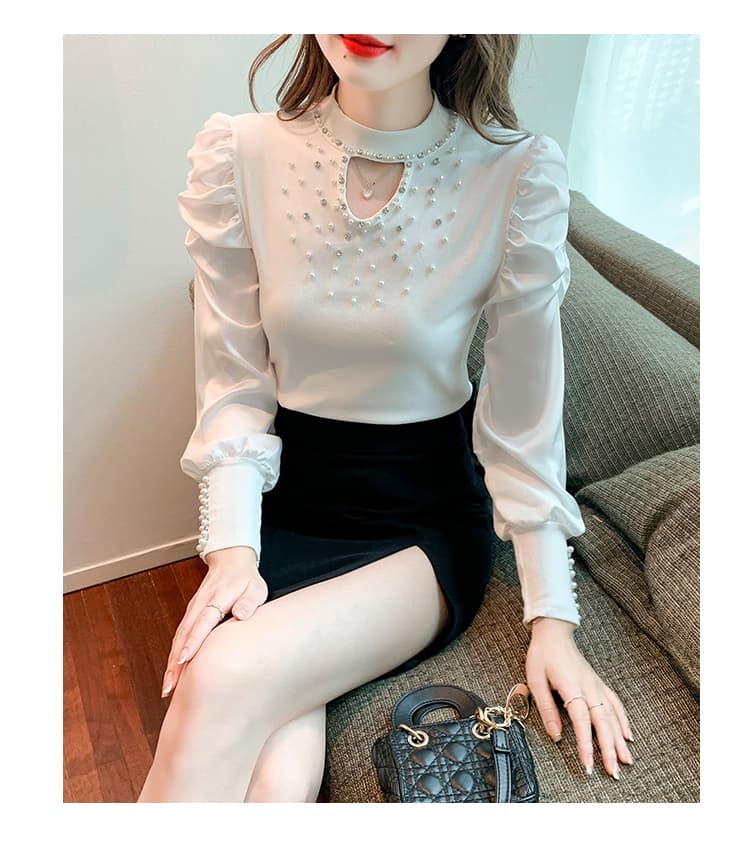 실사 2026 가을 홀로우 아웃 작은 심장 기계 무거운 작업 비즈 박기 패치워크 쉬폰 블라우스 몸매 가꾸기 긴팔 맨위 상세 이미지 18