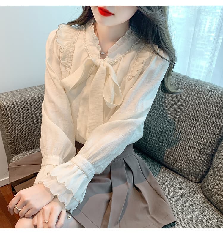 실사 가을 쉬폰 여성 셔츠 전후 둘 착용 2026 년 새로운 긴팔 맨위 나비 매듭 기본 셔츠 상세 이미지 12
