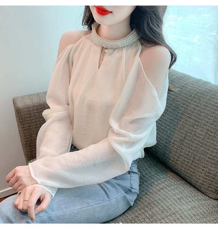 실사 2026 가을 새로운 프랑스식 긴팔 행침 목 섹시함 오프숄더 품격 쉬폰 태양 보호 셔츠 맨위 상세 이미지 12