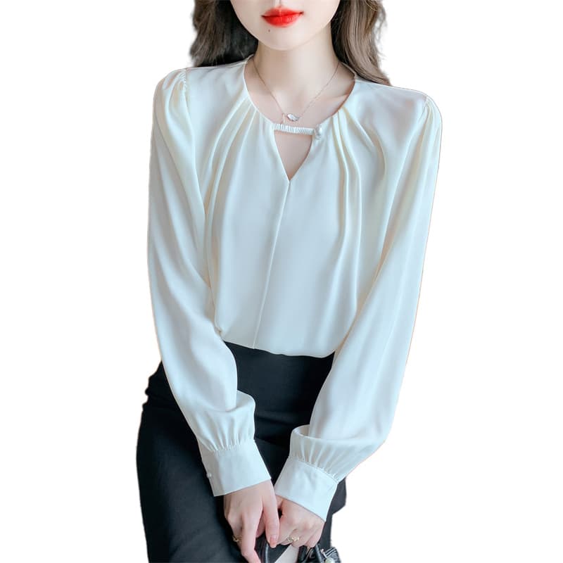 실사 2026 쉬폰 여성 셔츠 가을 새로운 프랑스식 고급 센스 미니멀리즘 싱글 버클 홀로우 아웃 맨위 여성 이미지 5
